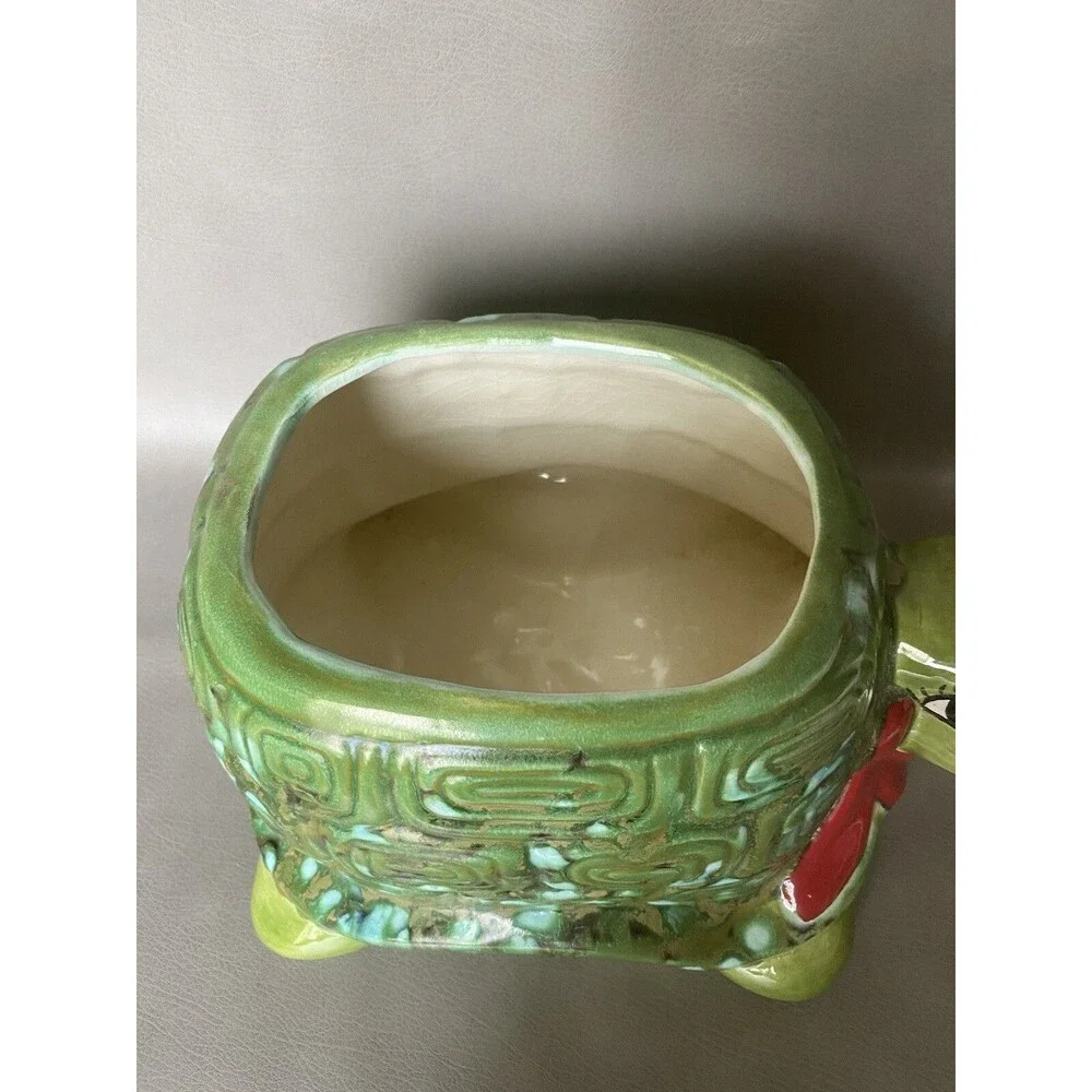 Vintage Ceramic Cookie Jar Tortoise Green Red Scarf Signed